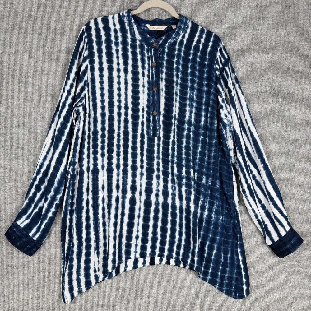 Soft Surroundings Size-L Womens Top Blue Tie Dye Tunic Front Button Long Sleeve